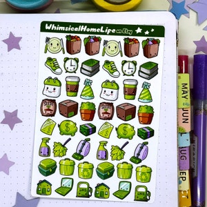 March Planner Icons - Meal PLan, Grocery, Steps, Reminder, Books, Save the Date, Party, Shipping, Happy Mail, Budget : Bills, Savings, Payday. Chore Trackers: Cleaning, Dusting, Vacuum, Laundry, Trash, Recycling Night, Stay Home, Work, Buy Gas