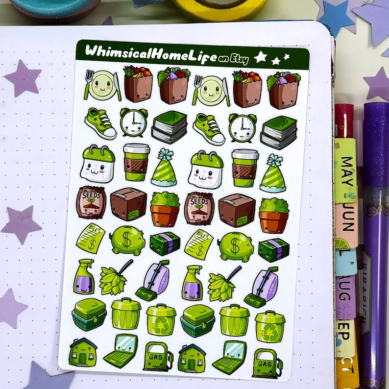 March Planner Icons - Meal PLan, Grocery, Steps, Reminder, Books, Save the Date, Party, Shipping, Happy Mail, Budget : Bills, Savings, Payday. Chore Trackers: Cleaning, Dusting, Vacuum, Laundry, Trash, Recycling Night, Stay Home, Work, Buy Gas