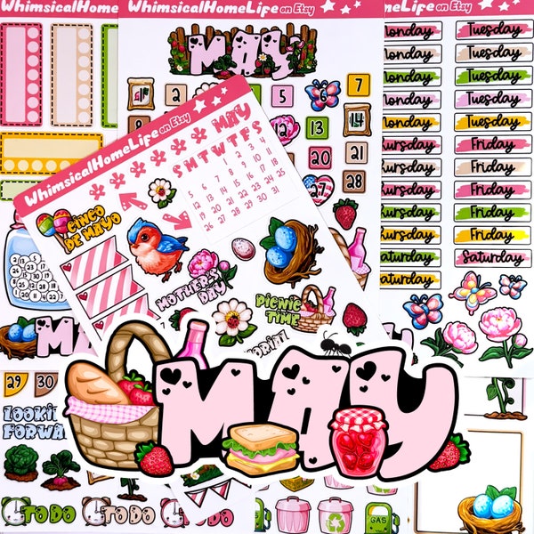 May Planner Stickers Set - May Bullet Journal Monthly Kit - Cute Spring  Strawberry Garden Picnic for Calendars