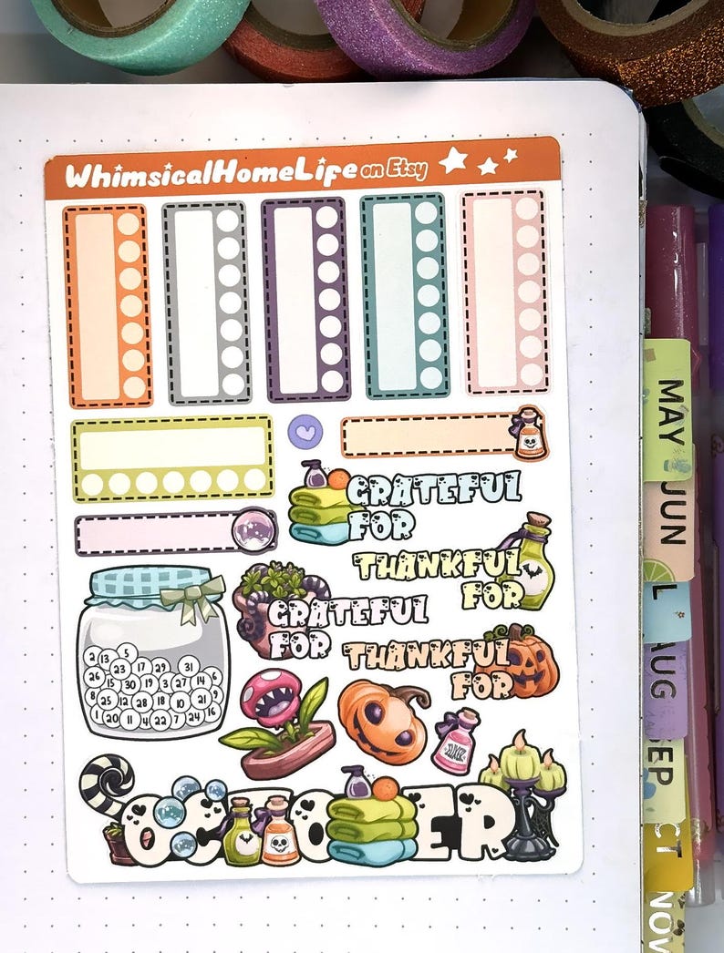 October spooky cute monthly habit tracker stickers and gratitude prompts
