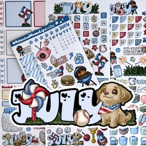 May include: A collection of July-themed planner stickers featuring a calendar, a cartoon dog with an American flag bandana, pinwheels, and barbecue graphics. The stickers include the text "WhimsicalHomeLife on Etsy", "July", and "4th of July".
