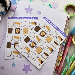 Cute Sticker sheet with bullet journal with marshmallows and gram crackers and chocolate bars. Sticky sweet yummy summertime fun nostalgia for family and camping.