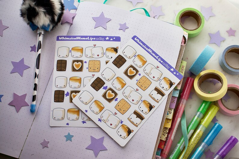 Cute Sticker sheet with bullet journal with marshmallows and gram crackers and chocolate bars. Sticky sweet yummy summertime fun nostalgia for family and camping.