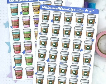 Coffee To Go Sticker Sheet - Removable Planner Bullet Journal Stickers - To Go cups like Starbucks and Dunkin Donuts