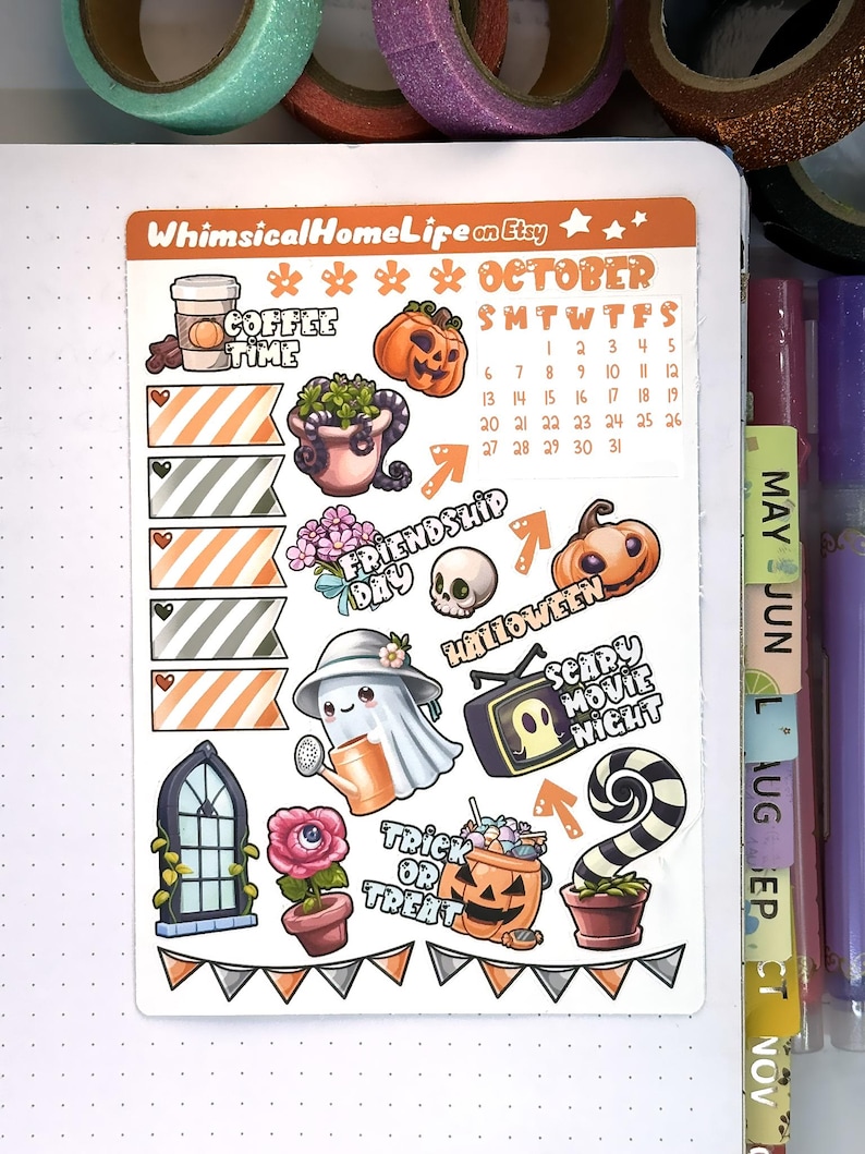 October spooky cute monthly sticker kit october bucket list beetlejuice stickers
