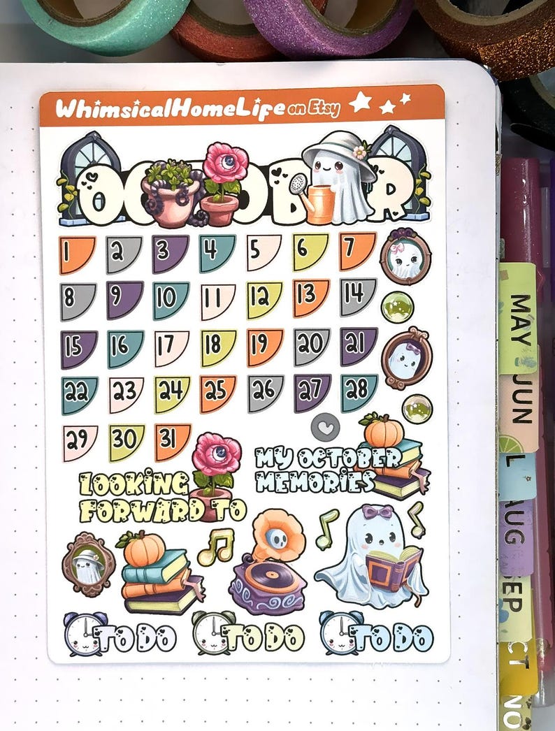 September date corner stickers with cute thriller novel library theme October aesthetic stickers