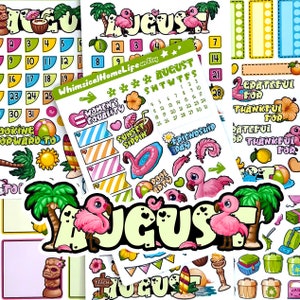 May include: A collection of colorful August-themed planner stickers. The stickers feature illustrations of flamingos, palm trees, beach items, and calendar elements. Text includes "August", "Women's Equality", and "Friendship Day".