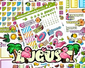 August Planner Stickers (2026 Update) – Tropical Aloha Theme, Calendar, Monthly Kit
