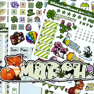 7 Sheets of cute March Planner Stickers Kit for Bullet Journal, Calendars and Planners.