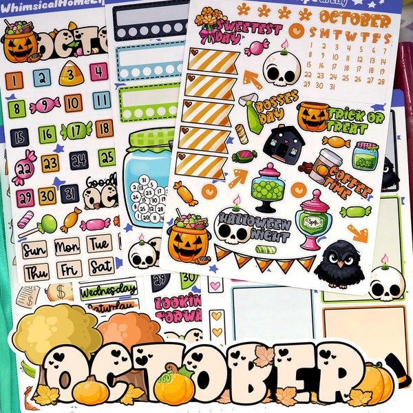 October Planner Sticker Set - October Monthly Journal Kit Stickers - Fall Holidays Halloween - Calendar Stickers