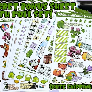 March Bright stickers featuring the first flowers of spring, indoor gardening, rainbow colored travel get-away dreams, adorable bunny and fox stickers
Featuring St. Patrick's day and Easter Holiday Stickers - BONUS SHEET - ready to ship