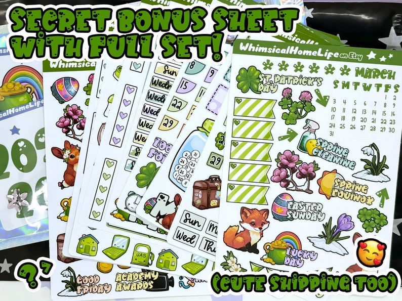 March Bright stickers featuring the first flowers of spring, indoor gardening, rainbow colored travel get-away dreams, adorable bunny and fox stickers
Featuring St. Patrick's day and Easter Holiday Stickers - BONUS SHEET - ready to ship