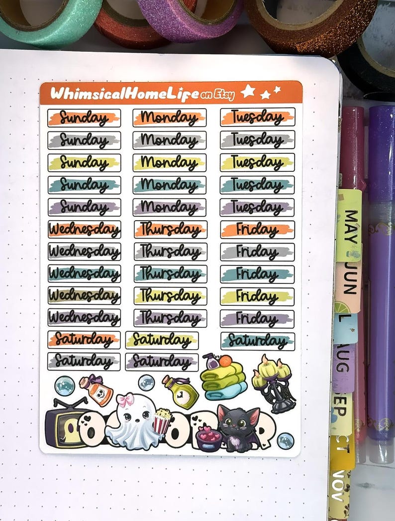 October  day of the week header stickers with self care candlelit bath cost fall self care that girl halloween