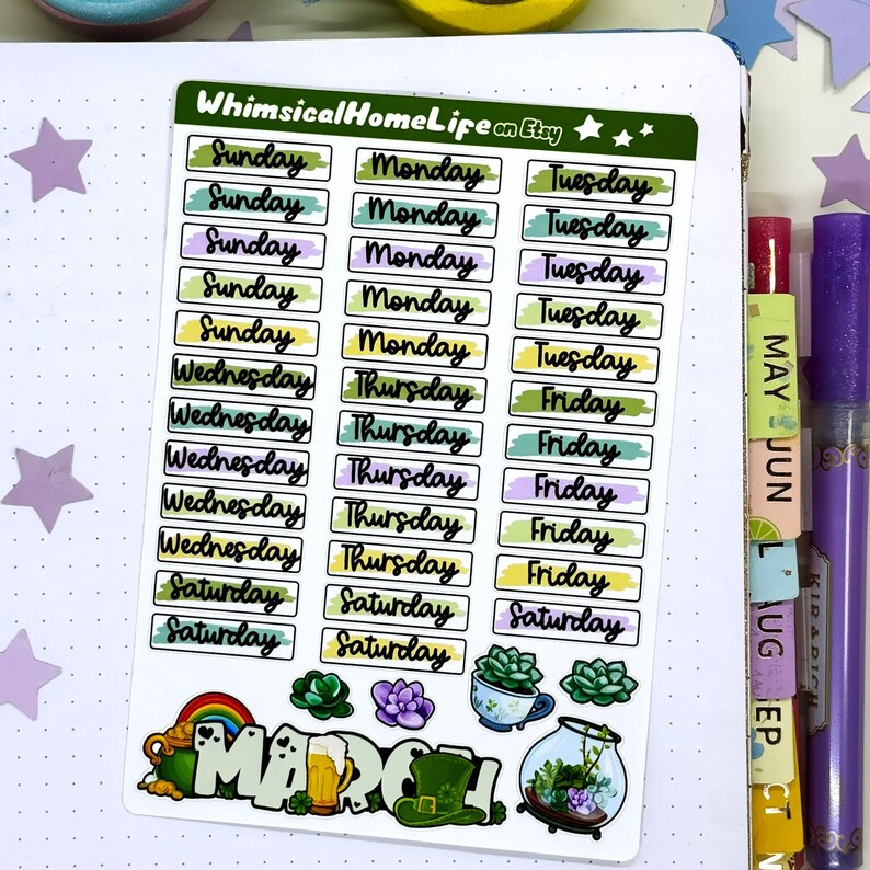 March Day of the Week Headers, Month Page Header & Cute Theme Stickers