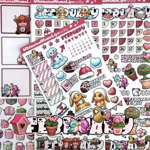 May include: A set of February themed planner stickers featuring a calendar, bunnies, hearts, birds, and a snowman. The stickers are on a white background with pink and gray accents.