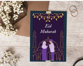 Peut inclure: Une carte violette avec des accents dorés représentant une mosquée et deux personnes en prière. Le texte "Eid Mubarak" est écrit en lettres dorées.