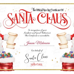 Certificado personalizado de Papá Noel, Carta a Papá Noel, Certificado de lista de buenos, Nochebuena, Navidad