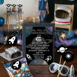 Space Birthday Invitation Bundle, Cosmic Boy Birthday Party Invite, Mobile Phone eVite, Space Cupcake Toppers, Printable Party Suite,