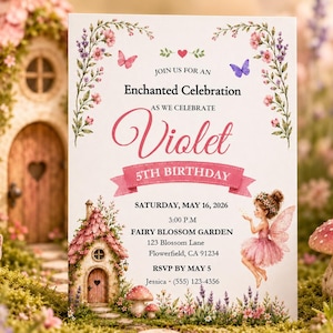 Puede incluir: Una tarjeta de invitación de cumpleaños rectangular con temática de hadas, bordes florales rosas y morados, mariposas, una casa de hadas y una ilustración de hada. El texto dice: Join us for an Enchanted Celebration as we celebrate Violet 5th Birthday, Saturday, May 16, 2026, 3:00 P.M, Fairy Blossom Garden, 123 Blossom Lane, Flowerfield, CA 91234, RSVP by May 5, Jessica (555) 123-4356.
