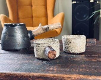 Set of 2 Rustic Cream Espresso Cups – Reclaimed Oak Handles, Artisan Pottery
