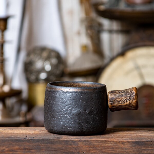 Dark bronze ceramic mug with old wood handle. Japanese ceramics. Handmade mug with wooden handle. Wabi Sabi. Each mug is unique.