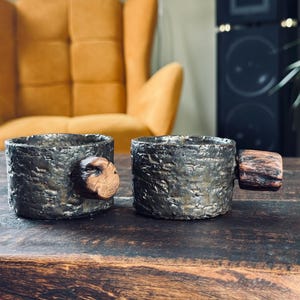 Handmade Bronze Espresso Cup Set – Rough Clay & Old Oak Handles – Unique Pair