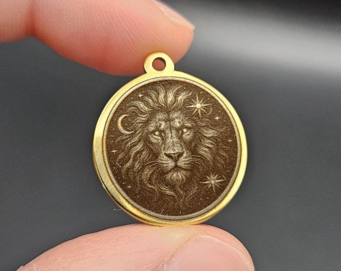 Celestial Lion Pendant – Engraved 18K Gold Plated Charm | Zodiac Leo Medallion | Hand-Finished Laser Etching