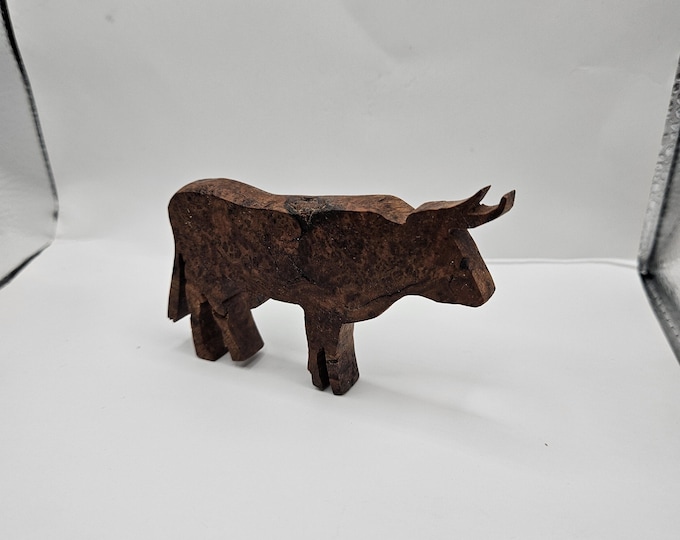 Hand-Carved Wooden Bull Sculpture | Luxury Rustic Farmhouse Decor | Artisan Wood Art Figure