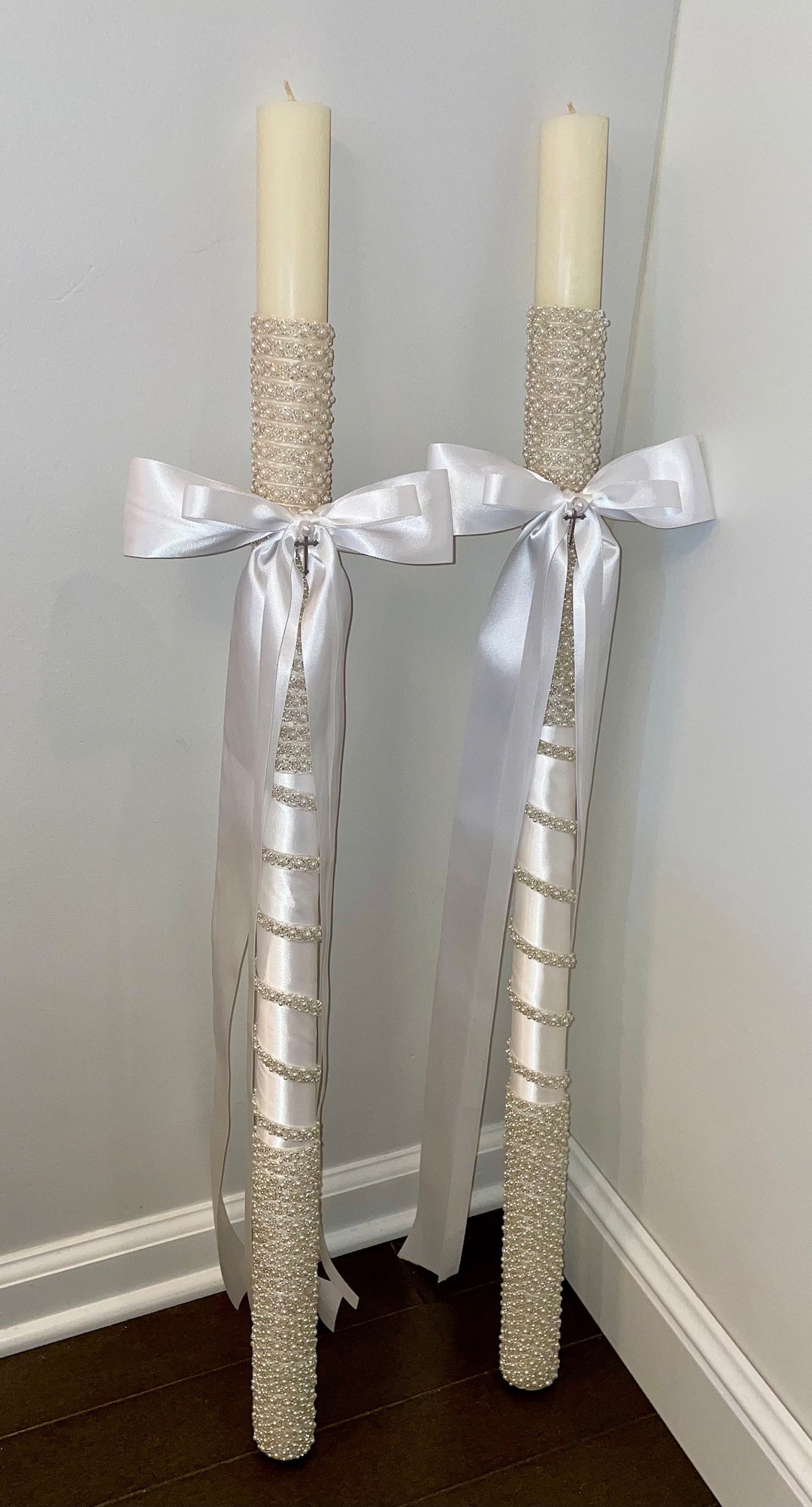 Lambades Greek Orthodox Wedding Candles, White Pearls and Beads Lambathes in Multiple Sizes