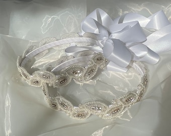 Crystal Leaves w/ Pearl Edges Stefana Crowns - FREE SHIPPING - 2 Handmade Greek Orthodox Wedding Crowns - DISCOUNTED Gift Options Available