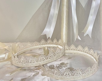Antique White Lace Cross Stefana Crowns, FREE SHIPPING, 2 Handmade Greek Orthodox Wedding Crowns, DISCOUNTED Gift Options Available