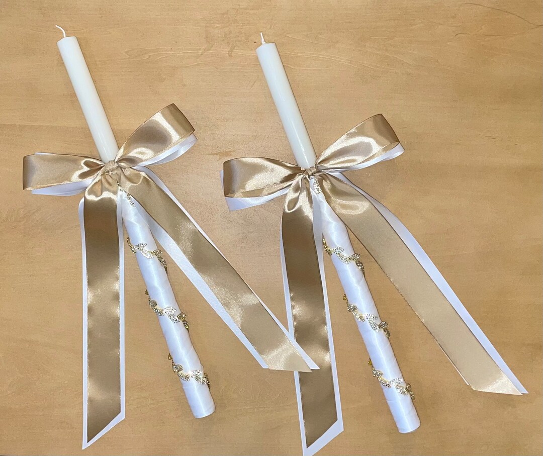 Greek Orthodox Wedding Candles FREE SHIPPING Gold Rhinestone Leaves Lambades Lambathes in
