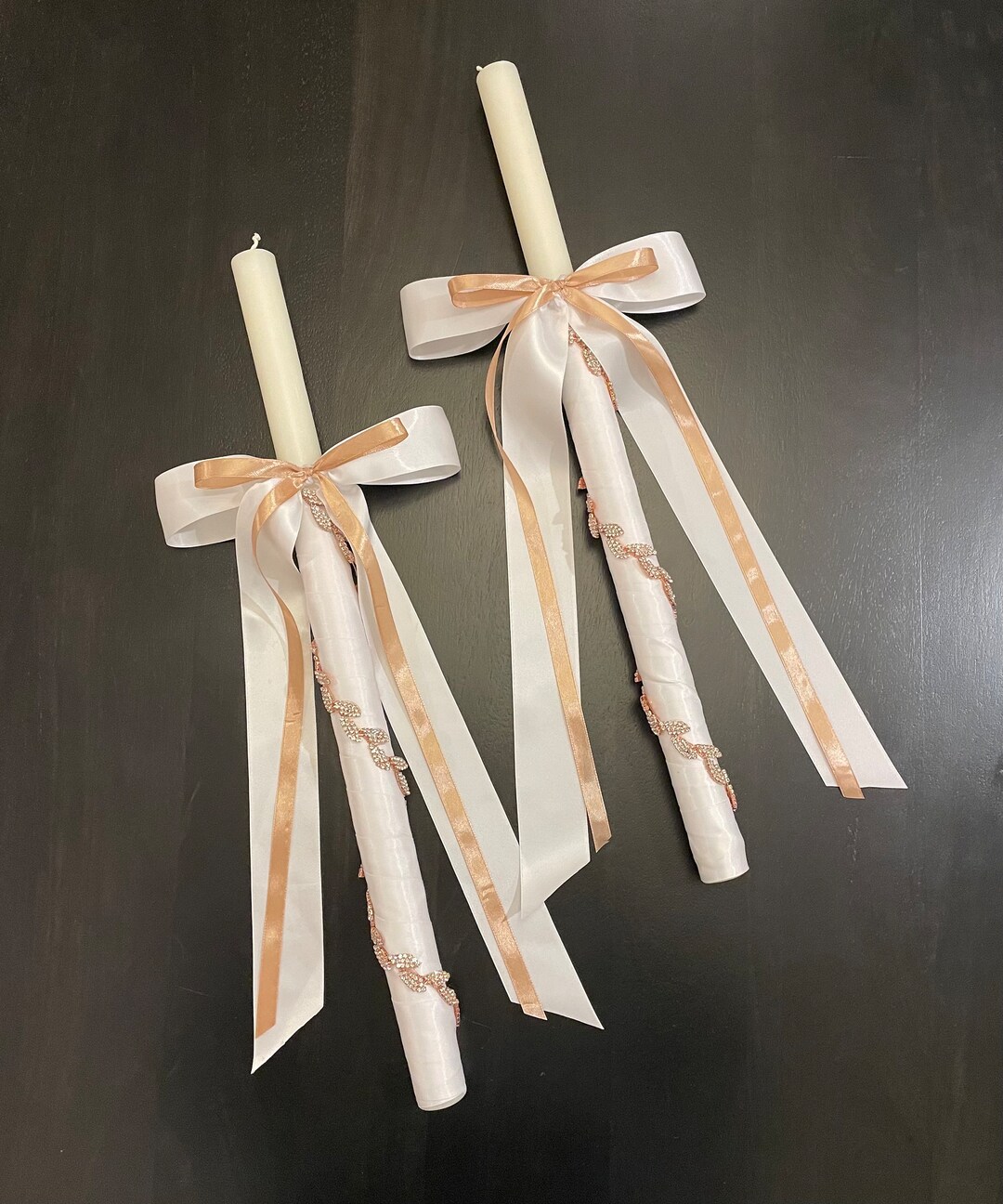 Lambades Greek Orthodox Wedding Candles, Rose Gold Rhinestone Leaves Lambathes in Multiple Sizes
