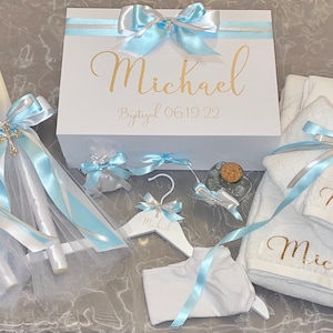 DISCOUNTED Matching Orthodox Baptism Set - FREE SHIPPING - 3 Lambades Candles, Keepsake Box, Glass Oil Jar, Onesie, 3 Towels, Sheet, Hanger