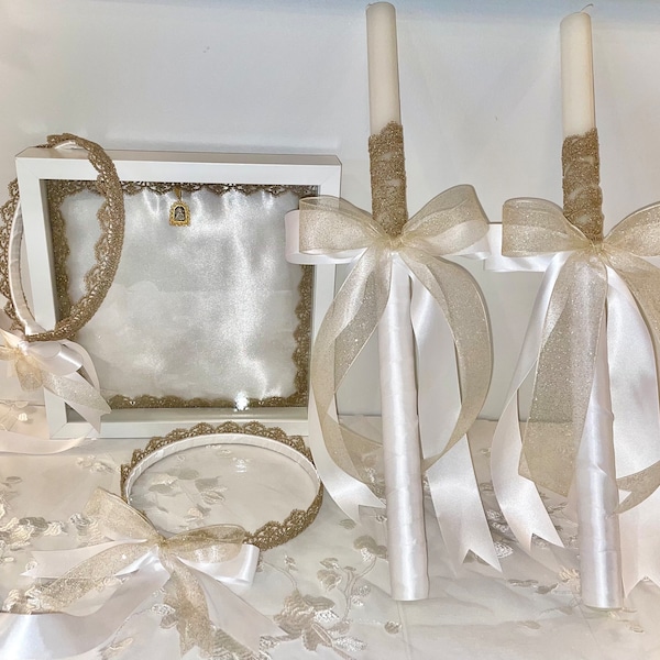 DISCOUNTED Orthodox Wedding Set - FREE SHIPPING - Matching Golden Lace Stefanothiki, 2 Stefana Crowns, & 2 19” Lambades Candles Set