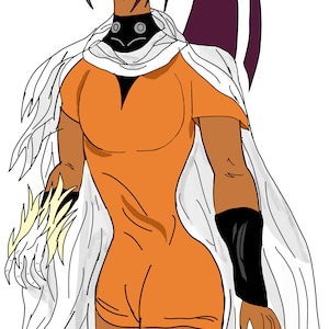 May include: A digital illustration of a woman with long purple hair, wearing a white cape and an orange jumpsuit. She has brown skin and yellow eyes. Her right hand is in a fist, and her left hand is extended with long, sharp claws.
