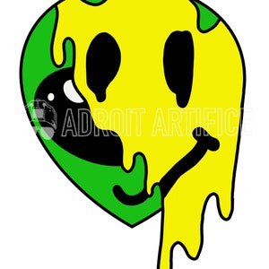 May include: A yellow smiley face with green and black accents. The face is dripping with yellow paint, creating a melting effect.