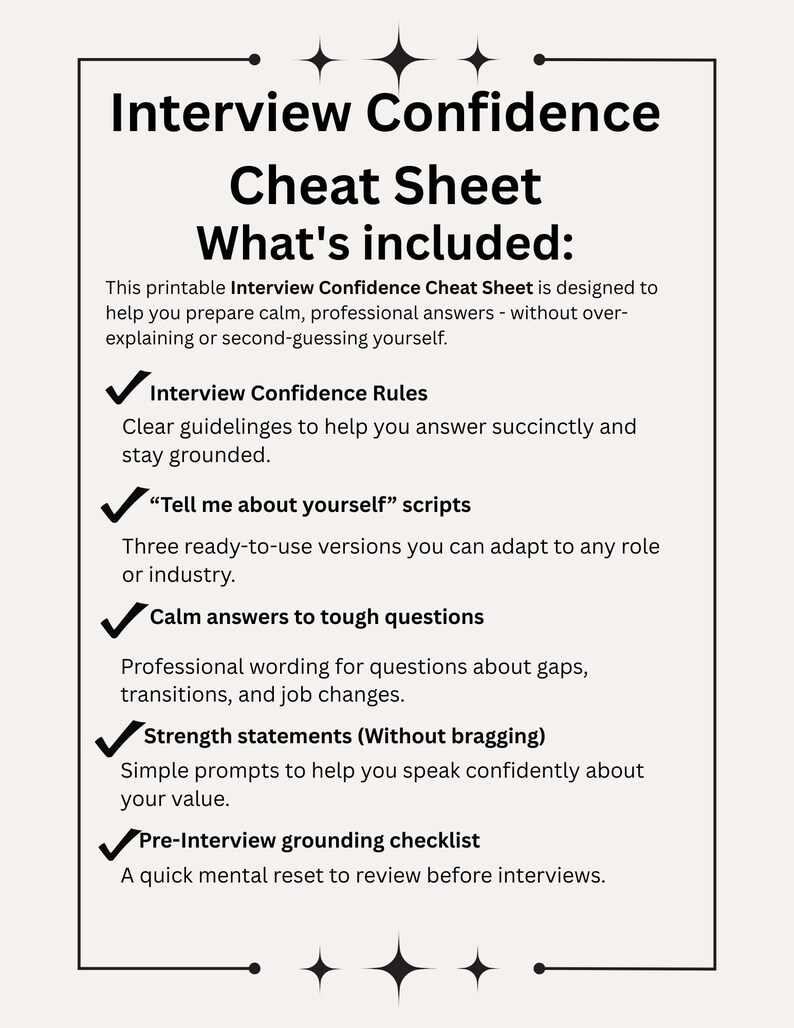 Interview Confidence Cheat Sheet | Printable Job Interview Prep PDF ...