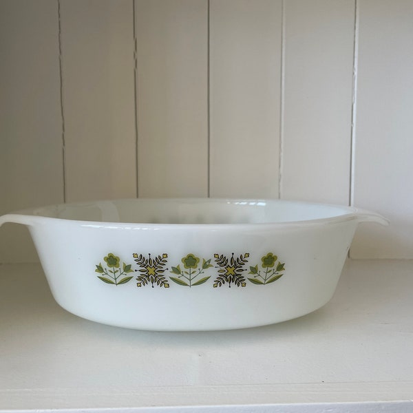 Beautiful 60’s Mod Fire King Anchor Hocking Meadow Green Floral  Casserole Dish -Baking Dish - Serving Dish - Kitchen - Bowl