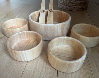 Dansk Mid Century Modern Blonde Wood Salad Bowl Set - 5 piece Set w/ utensils. Scandinavian