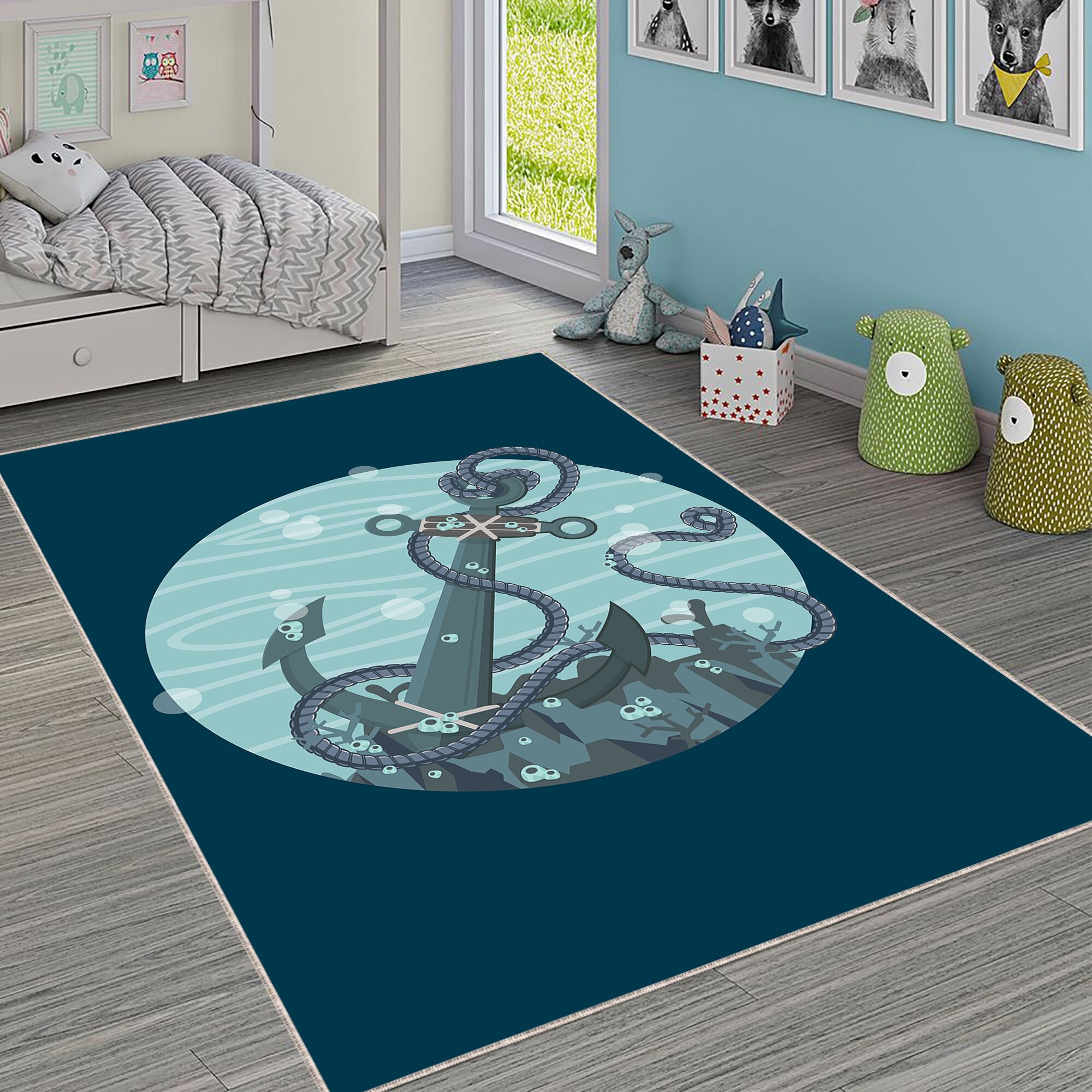 Navy Blue Nautical Sailboat Nursery Area Rug Carpet Baby Boy Playroom