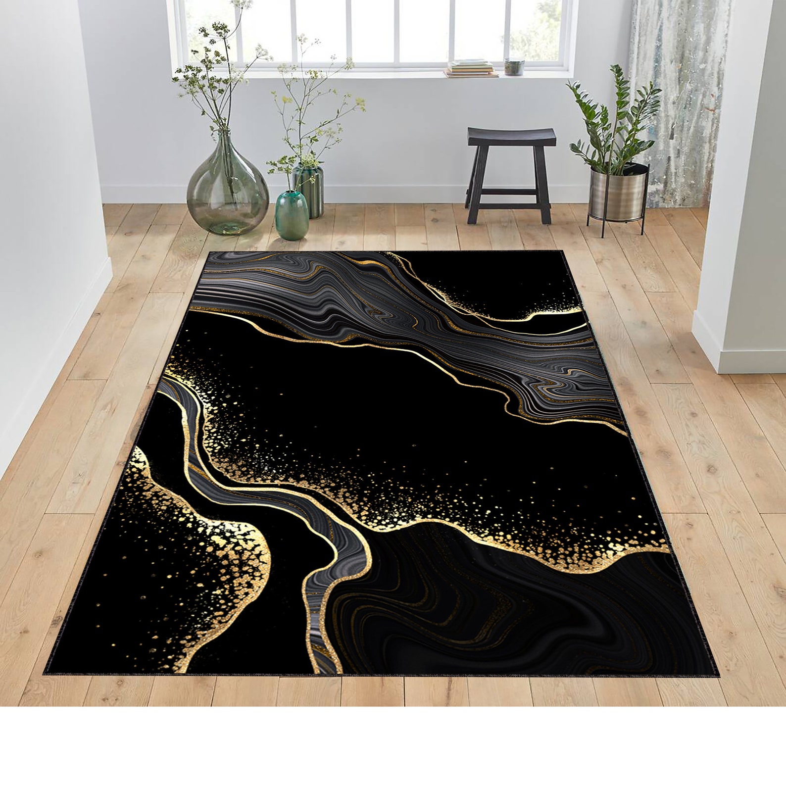 Black and Gold Marble Rug Marble Rug Living Room Rug Etsy