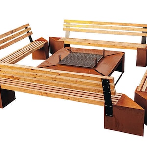 Brasero rústico con parrilla y bancos | Brasero de jardín extragrande Friendship | Parrilla de carbón para exteriores imagen 1