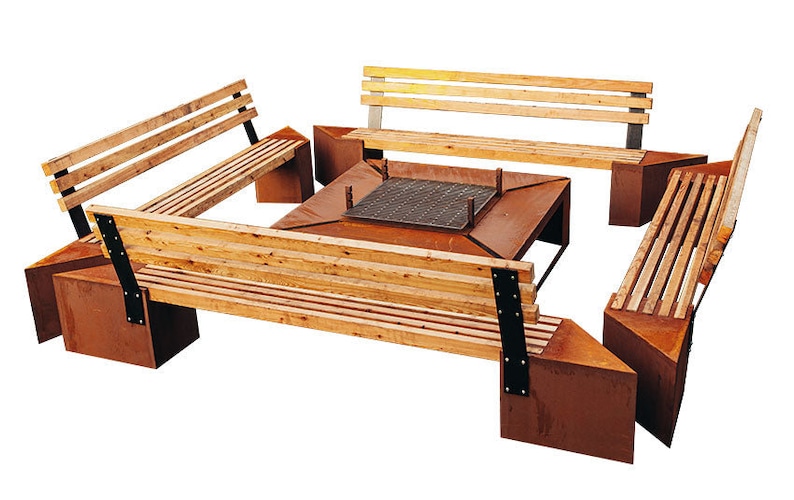 Brasero rústico con parrilla y bancos | Brasero de jardín extragrande Friendship | Parrilla de carbón para exteriores imagen 1