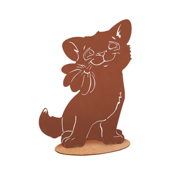 Katzenfigur Metall - Katze mit Blume - Tierskulptur Edelrost Katzenliebhaber