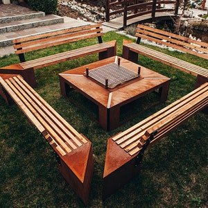Brasero rústico con parrilla y bancos | Brasero de jardín extragrande Friendship | Parrilla de carbón para exteriores imagen 3