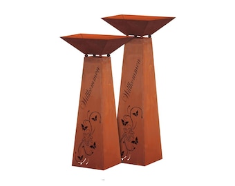 Säulenset 'Sonne' Aus Edelrost – 3-teilige Garten-Dekoration In Dreiecksform, Größen 120/80/45 Cm