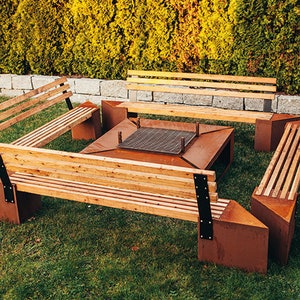 Brasero rústico con parrilla y bancos | Brasero de jardín extragrande Friendship | Parrilla de carbón para exteriores imagen 10