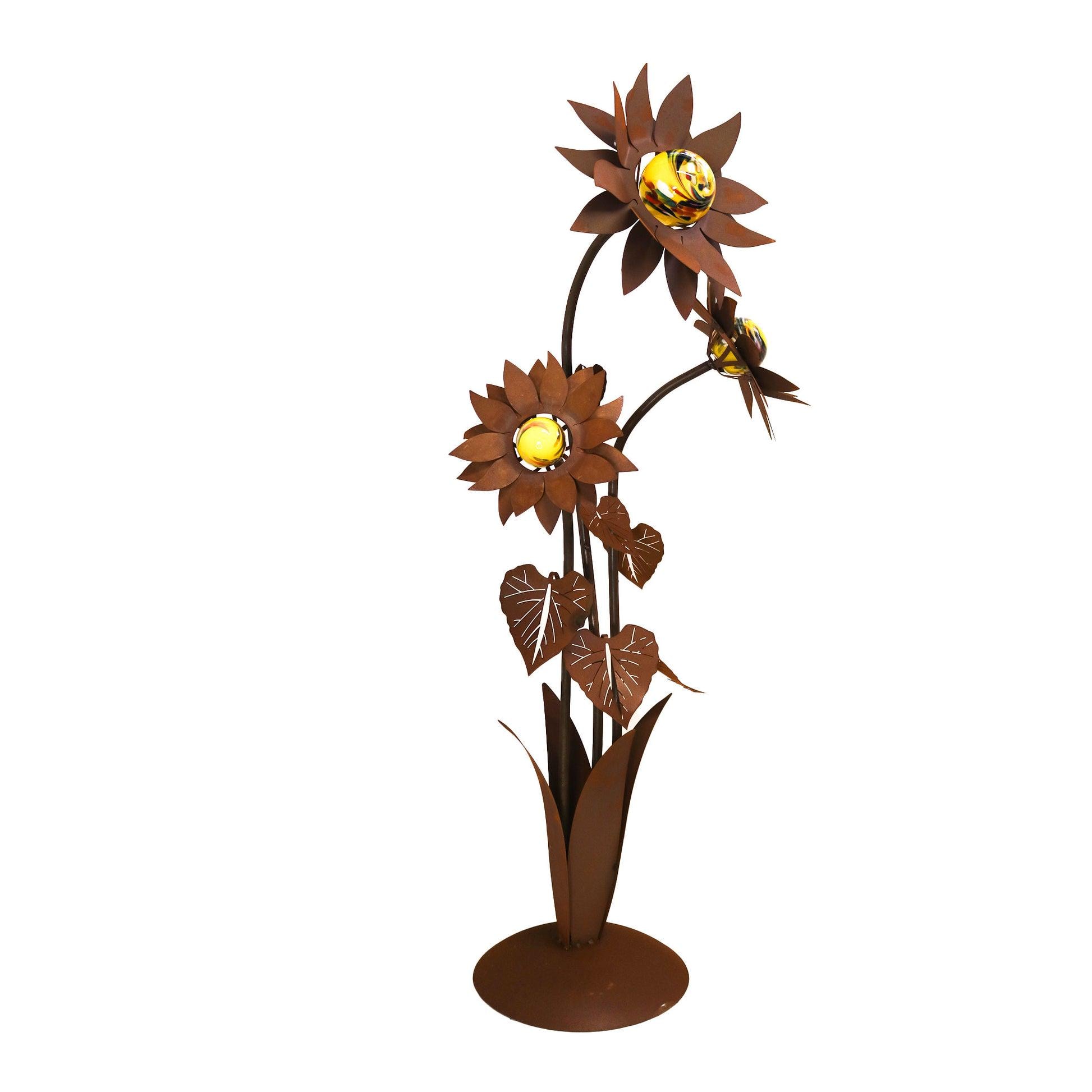 Glass flower sunflower made of rust with glass ball in 3 sizes garden decoration