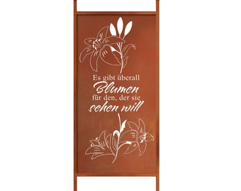 Estaca de jardín XL de metal oxidado con flores y frase, decoración de color óxido, cartel de jardín, decoración de jardín